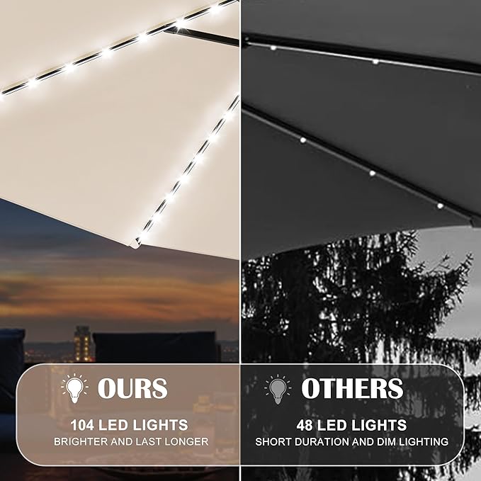 Sundale Outdoor Olefin 5-Year-Non-Fading Solar 104 LED 11FT Solar Patio Umbrella with Sand Bag Base, Outdoor Umbrella with Tilt and Crank, Beige