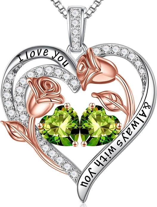 Iefil Christmas Gifts for Women Wife - 925 Sterling Silver Rose Heart Birthstone Necklace Birthday Anniversary Jewelry Gifts for Her Wife Mom Daughter