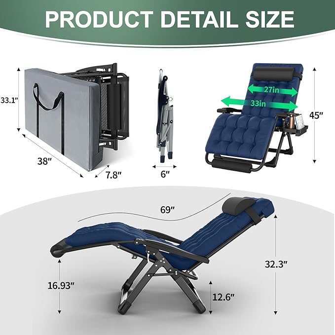 XXL Zero Gravity Lounge Chair 33", Oversized Padded Folding Recliner for Patio with Storage Bag, Removable Cushion, Footrest, Full Aluminum Lock & Large Cup Holder, Supports 500 lbs, Blue