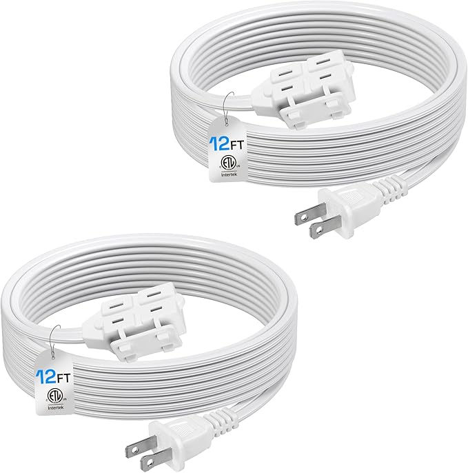 BN-LINK 2 Pack 12ft Indoor Extension Cord, 3 Outlet, 16/2 SPT-2, White, 2-Prong Polarized Plug, Household Power Cord for Home, Office & Holiday Decorations