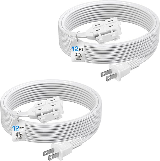 BN-LINK 2 Pack 12ft Indoor Extension Cord, 3 Outlet, 16/2 SPT-2, White, 2-Prong Polarized Plug, Household Power Cord for Home, Office & Holiday Decorations