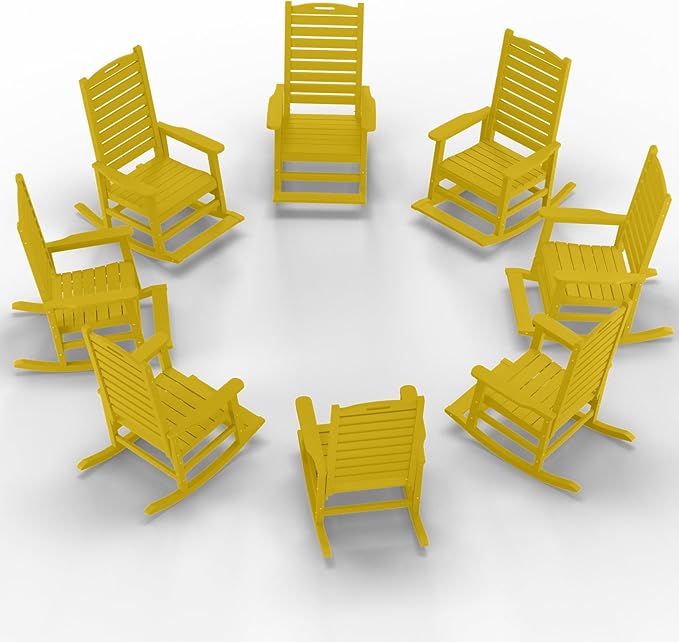 Outdoor Rocking Chair Set of 8 with Removable Footboard for Adults, HDPE High Back Patio Rocking Chairs, 330lbs All Weather Porch Rocking Chairs for Outdoor & Indoor -Yellow