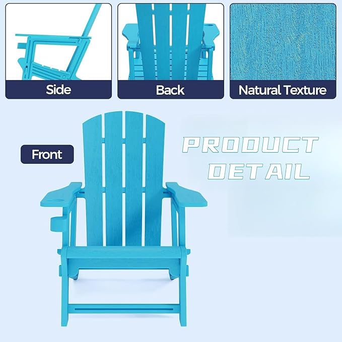 Adirondack Chair Set of 2, All Weather Plastic Adirondack Chairs, Fire Pit Chairs with Cup Holder, Outdoor Wooden Textured Lawn Chair for Patio, Garden, Backyard, Sky Blue