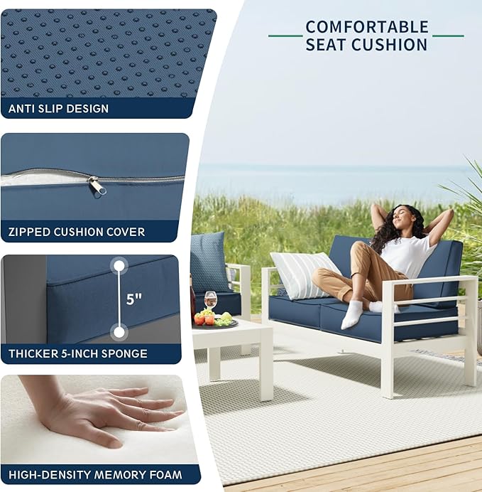 Amopatio Patio Furniture with Fire Pit, 6 Pcs Aluminum Outdoor Sectional Metal Patio Sofa Set with Aluminum Fire Pit Table for Backyard,White&Blue(Included Waterproof Covers)