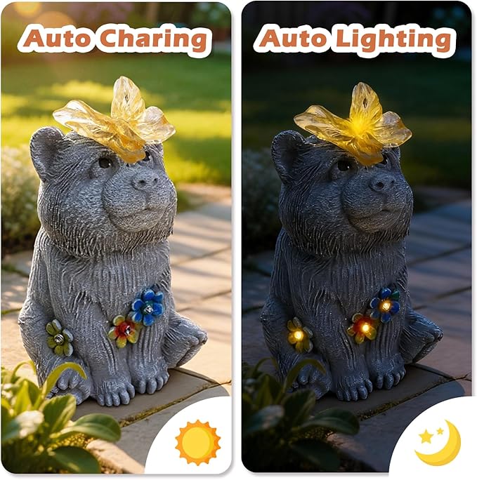 Adorable Baby Bear Garden Statue with Solar Butterfly Light - Cute Bear Cub Figurine with Flower Accents - Outdoor Decor for Patio Lawn - Christmas Housewarming Birthday Gifts for Grandma Mom Women