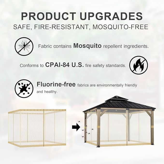 BPS 10' x 10' Gazebo Universal Mosquito Netting Screen Replacement, 4-Panel Screen Walls with Double Zippers for Outdoor Patio, Khaki (Mosquito Net Only)