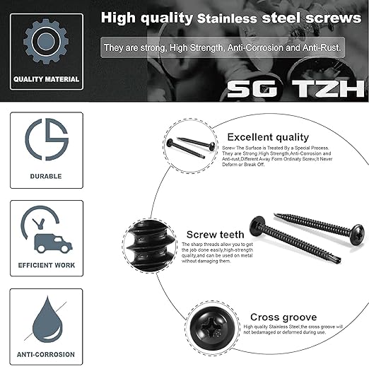 #8 x 3/4" Sheet Metal Screws 500PCS 410 Stainless Steel Truss Head Fast Self Tapping Screws Black Oxide by SG TZH
