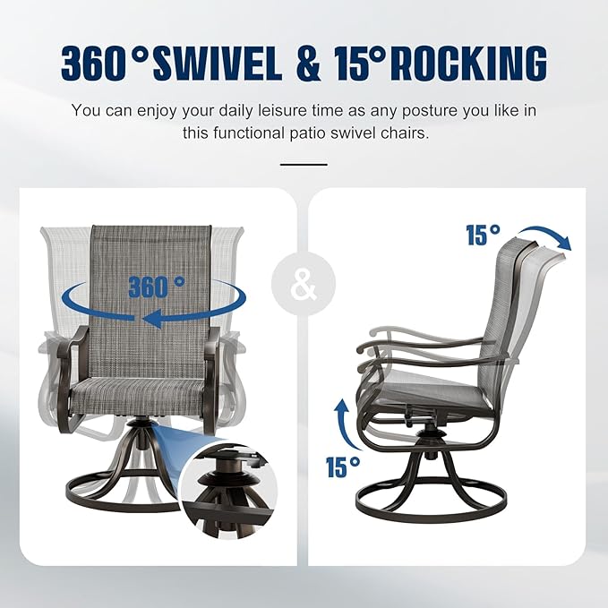 UDPATIO Outdoor Swivel Dining Chairs Set of 2, Patio Dining Chairs High Back with All Weather Breathable Textilene, Metal Rocking Frame for Lawn Garden Backyard, Gray White