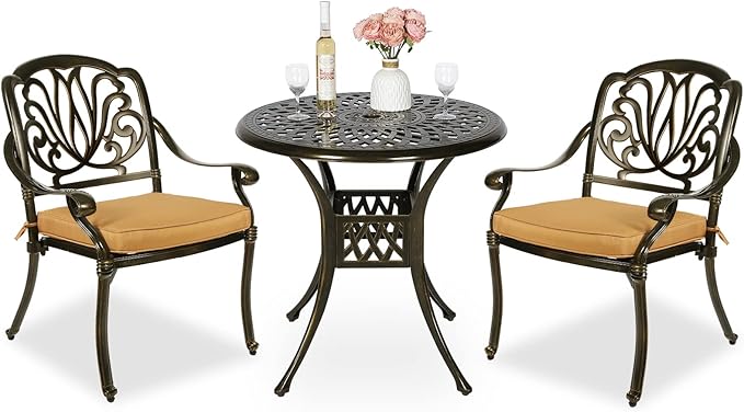 MEETWARM 3 Piece Patio Bistro Set, Outdoor All-Weather Cast Aluminum Dining Furniture Set Includes 2 Cushioned Chairs and a 31” Round Table with Umbrella Hole for Garden Deck