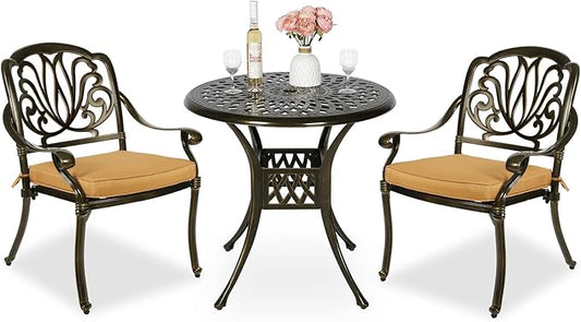 MEETWARM 3 Piece Patio Bistro Set, Outdoor All-Weather Cast Aluminum Dining Furniture Set Includes 2 Cushioned Chairs and a 31” Round Table with Umbrella Hole for Garden Deck