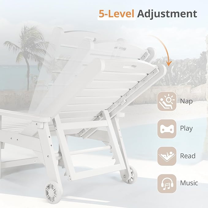 LUE BONA Outdoor Chaise Lounge Chairs Set of 2, HDPS Chaise Lounger, 5 Positions Adjustable Lounge Chairs, Pool Lounge Chair with Wheels for Poolside, 3 Year Warranty, White