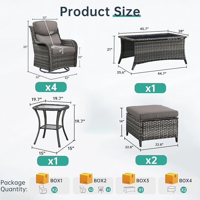 Outdoor Swivel Rocker Patio Chairs Set of 4 with Ottoman Coffee Table - 5" Thick Cushion 8 Piece Furniture Set All Weather Comfortable Wicker Conversation Set for Porch Deck - Gray/Gray