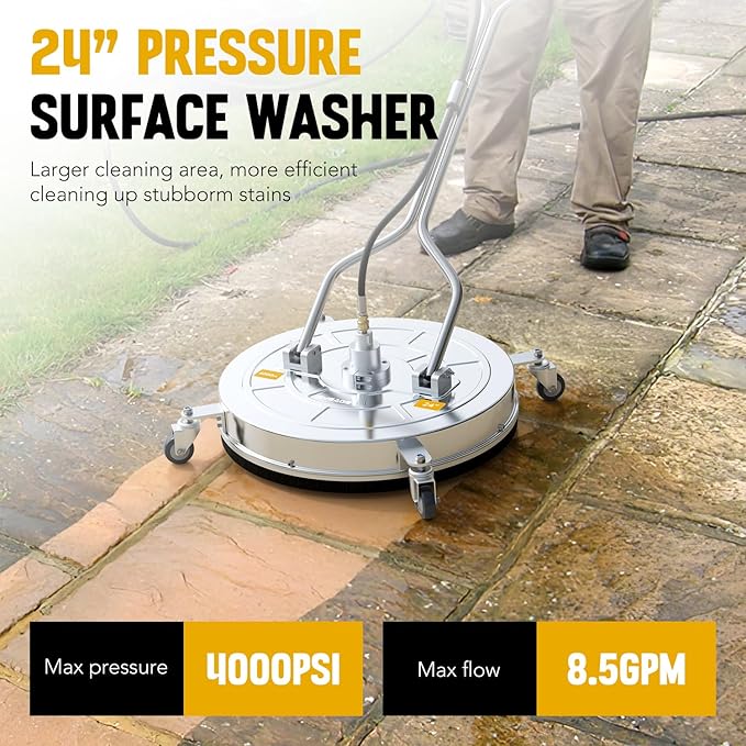 EVEAGE 24” Surface Cleaner Pressure Surface Washer Dual Handle, Stainless Steel Housing Power Washer Accessories with 2 Extension Wand & 4 Wheels and 2 Replacement Nozzles,4000 PSI
