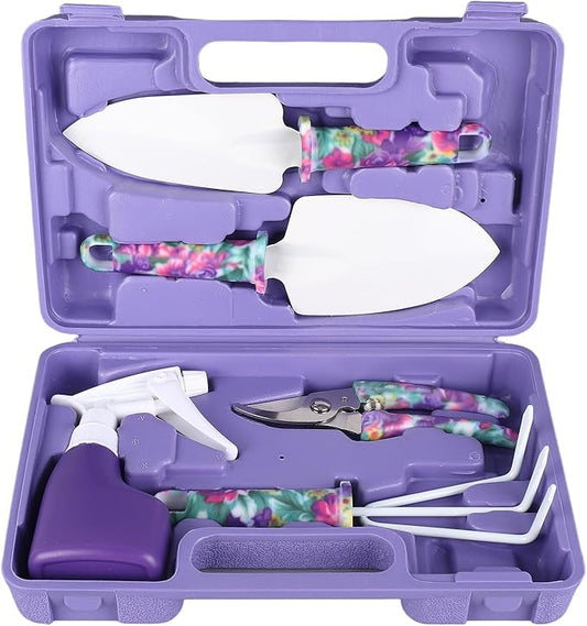 5 Piece Garden Tool Set, Includes Cultivator Rake and Shovels, Branch Scissors with Spray Can, for Indoor and Outdoor Planting, Purple Storage Container.
