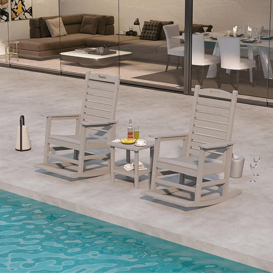 Outdoor Rocking Chairs Set of 2 with Footrest & Side Table, HDPE Modern Rocking Lawn Chair for Garden, Poolside, Deck (Grey)