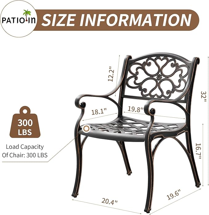 3 Piece Outdoor Dining Set,Cast Aluminum Bistro Set with Umbrella Hole, All Weather Patio Furniture Set, Small Patio Dining Set for Garden/Balcony/Deck Bronze (Flower Backrest)