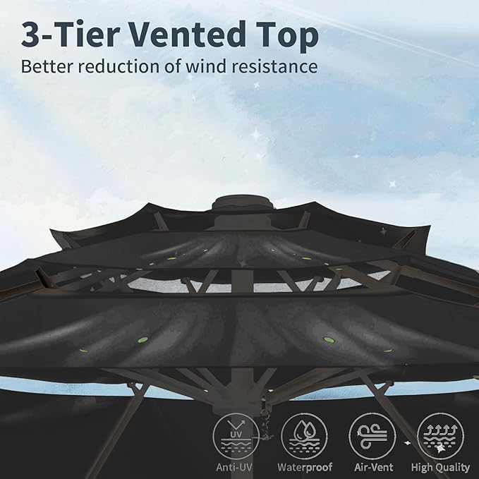 9FT 3 Tiers Patio Umbrella With Auto Tilt and Crank, Outdoor Table Market Umbrella with 8 Sturdy Ribs for Garden,Lawn,Deck,Backyard and Pool,Black
