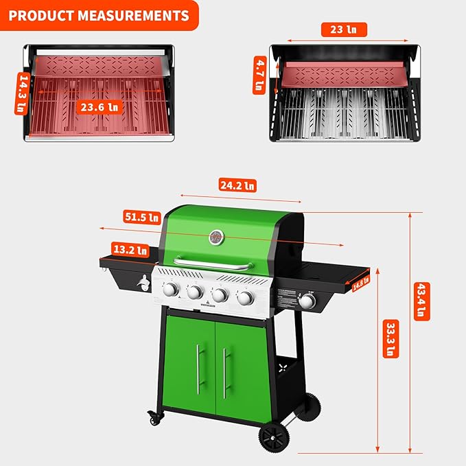 4-Burner Propane Gas BBQ Grill with Side Burner, Stainless Steel Grates, 50,000 BTU Barbeque Gas Grill for Outdoor Cooking Kitchen and Patio Backyard, with Wheels and Storage, Green