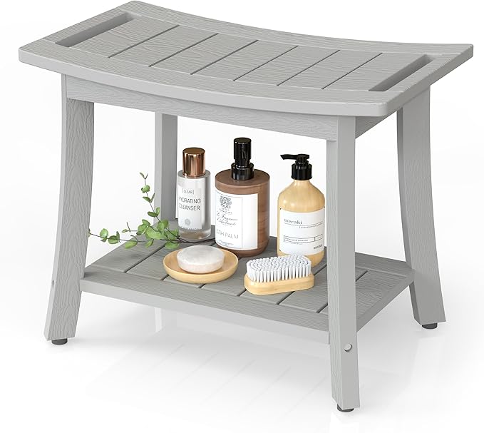 HIPS Shower Benches for Inside Shower, Waterproof Shower Stool with Storage Shelf & Adjustable Feet, SPA Bathroom Seat Chair for Shaving Legs, Indoor or Outdoor Use, Grey