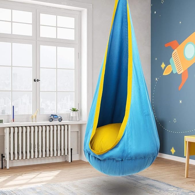 Y- STOP Kids Pod Swing Seat, Hanging Hammock Chair Swing with Inflatable Pillow, Sensory Swing Chair with Pocket for Outdoor and Indoor (Blue Yellow)