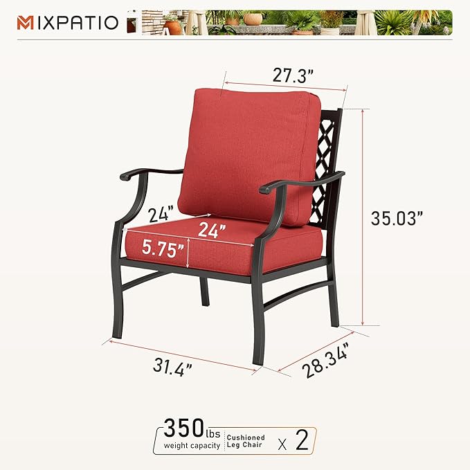Patio Chairs Set of 2, High Back Outdoor Patio Metal Leg Chairs with 5.75" Thick Cushions for Bistro Balcony Porch Deck and Yard, Red