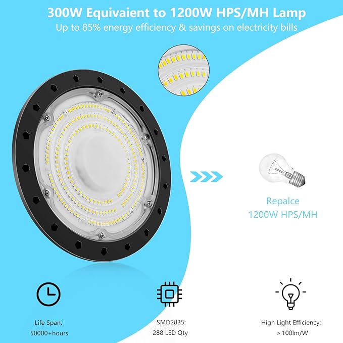 8 Pack 100 W UFO LED High Bay Light, 10000LM, Bright LED Shop Light with 4ft 110V Plug Cable, 6000K Bay Lighting IP65 Waterproof for Barn/Garage/Commercial Warehouse/Wet Location