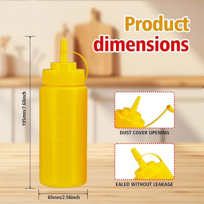 Squeeze Bottles for Sauces,Leak-Proof Condiment Dispenser, BPA-Free Kitchen Restaurant Squeeze Bottle Set with Wide Mouth for Ketchup, Mustard,Syrup,Dressings (Yellow, 6Pack-16oz(400ml))