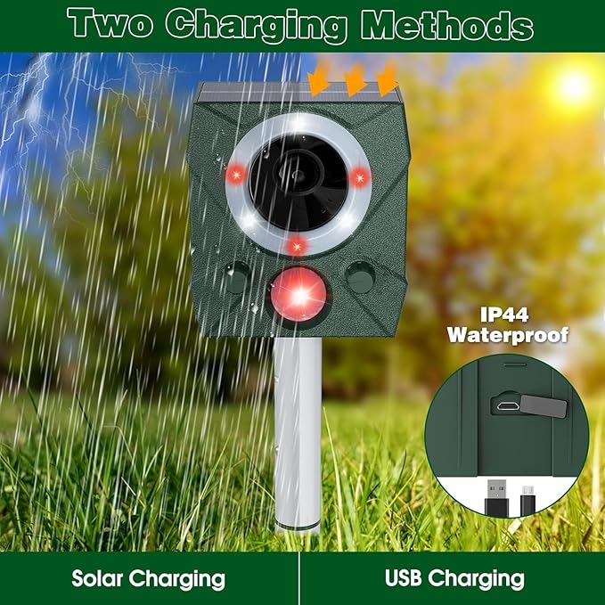 Solar Ultrasonic Mouse Squirrel Repellent with Motion Detection, Waterproof Pest Deer Repeller Outdoor, Nocturnal Animal Cat Repellent with Light for Mouse, Rodent, Coyote, Snake, Shunk, Fox, Raccoon