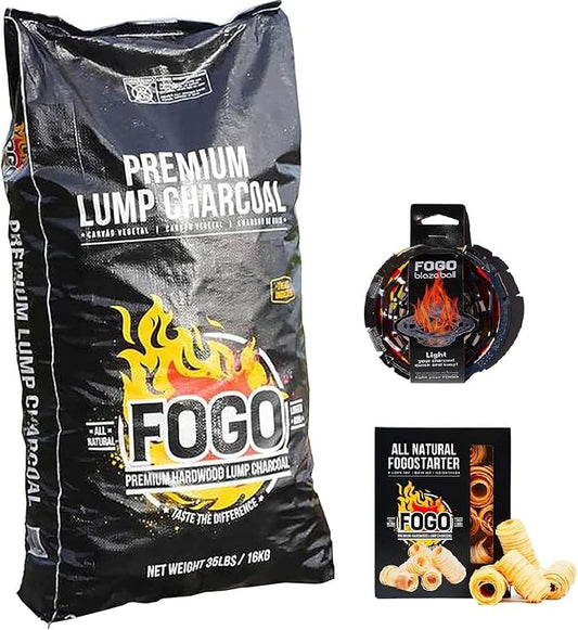 FOGO Premium Hardwood Lump Charcoal 35 Pound Bag, Fogostarters Natural Fire Starters and Blazaball Bundle