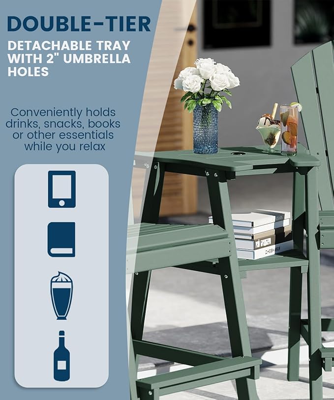 FOOWIN Tall Adirondack Chair Set of 4, All Weather HDPE Bar Height Adirondack Chair with Double Connecting Trays, Adirondack Barstools for Balcony, Deck, Backyard, Patio, Garden Dark Green