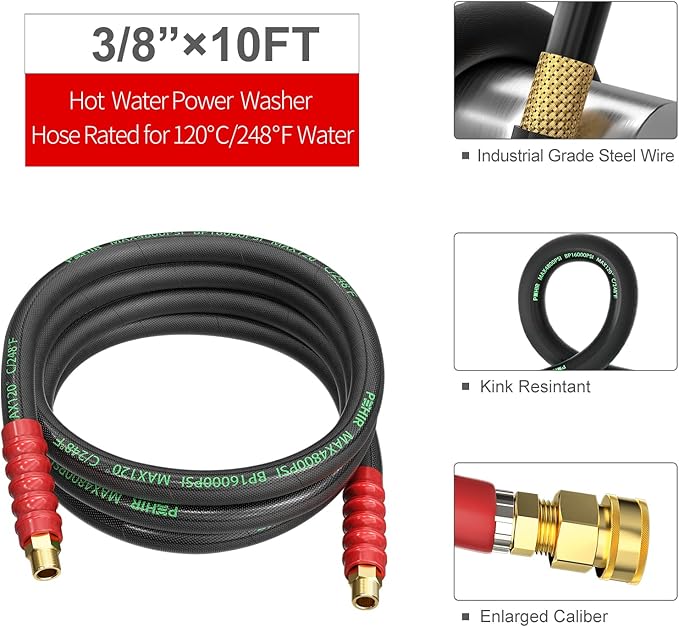 POHIR Pressure Washer Whip Hose 10FT, Reel Connector 248°F Hot/Cold Water Jumper Hose 3/8" with Quick Connect Adapter, Industry Grade Steel Wire Braided & Synthetic Rubber Jacket 4800 PSI