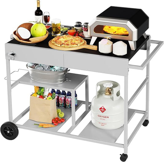 JY QAQA Outdoor Pizza Oven Stand with Condiment Shelf, Outdoor Cooking Cart, Grill Worktable for Patio, Food Prep Station Fits Ninja Woodfire Grill, Cuisinart Grill, Blackstone Griddle