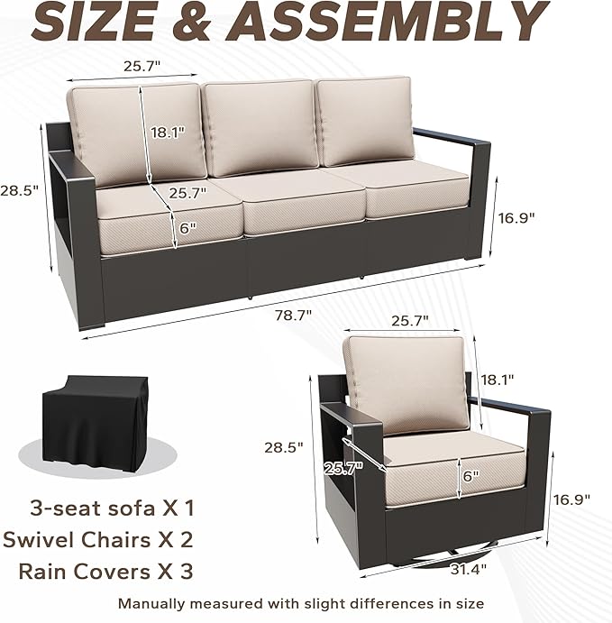 Aluminum Patio 79" Sofa Set with 2 Swivel Rocker Chairs, All Weather Outdoor Conversation Furniture with Metal Armrest & 6" Removable Cushions & Furniture Covers for Deck (Beige)
