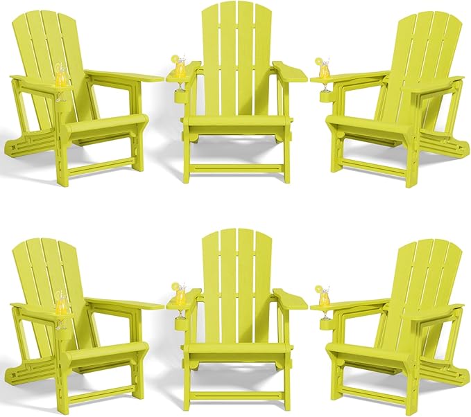Adirondack Chairs Set of 6,Adirondack Chair with Cup Holders,Wooden Textured Plastic Fire Pit Chair,All-Weather Outdoor Patio Chairs for Lawn,Backyard Deck, Porch,400LBS Heavy-Duty,Yellow
