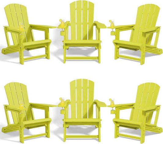 Adirondack Chairs Set of 6,Adirondack Chair with Cup Holders,Wooden Textured Plastic Fire Pit Chair,All-Weather Outdoor Patio Chairs for Lawn,Backyard Deck, Porch,400LBS Heavy-Duty,Yellow