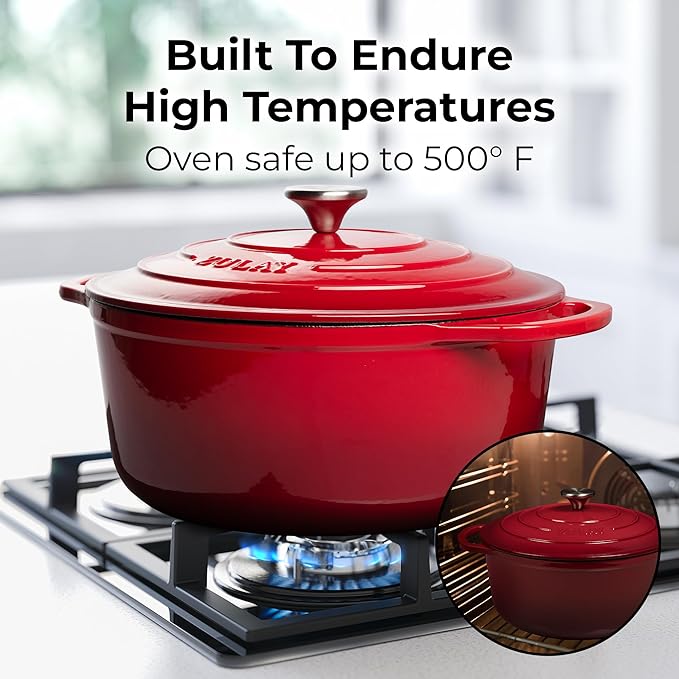 Zulay Kitchen 7.7 Quart Enameled Cast Iron Dutch Oven Pot with Lid – Premium Durability & Oven Safe up to 500°F – Heavy Duty Cookware Perfect for Bread Baking, Stews, Braising & Roasting – Red