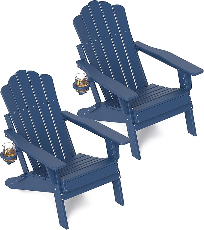 FOOWIN Adjustable Adirondack Chair Set of 2, Folding Adirondack Chair with Cup Holder, HDPE All-Weather Fire Pit Chair with 3 Recline Positions, Suitable for Patio, Backyard, Poolside, Navy Blue