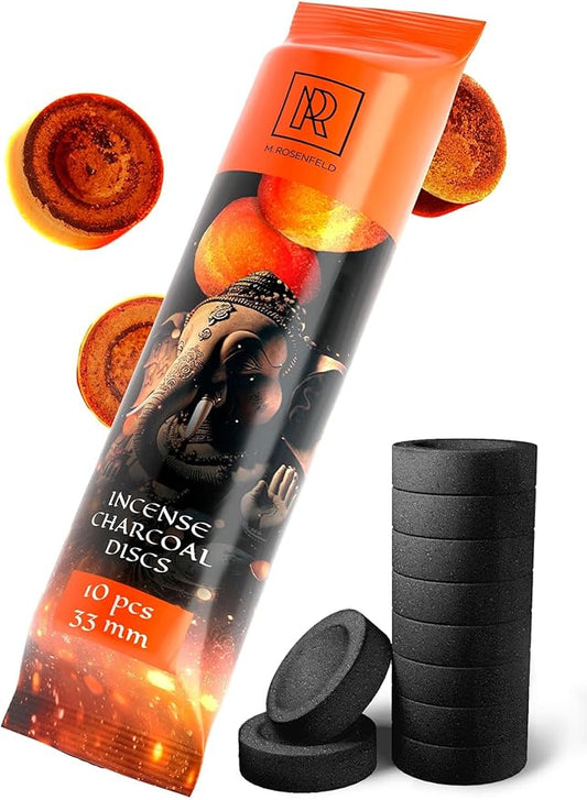 Charcoal Discs to Burn Incense - 10 pcs Charcoal for Incense Burning - 33 mm Most Quick Light Coals Tablets by M. ROSENFELD - 33 mm Resin Burner Rolls – Pack of 10 Instant Fire Coal Tablets