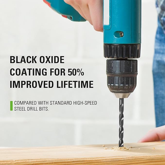Greenworks 14 Pcs Black Oxide Drilling Bit Set,135 Degree Split Point, Black Oxide Coated, For Plastic, Wood and Metal