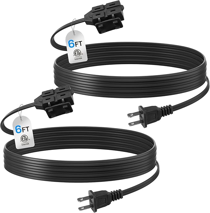 BN-LINK 6ft Indoor Extension Cord, 2 Pack, 3-Outlet Polarized Flat Cable, Household Power Cord for Home, Office, and Holiday Decorations, Black