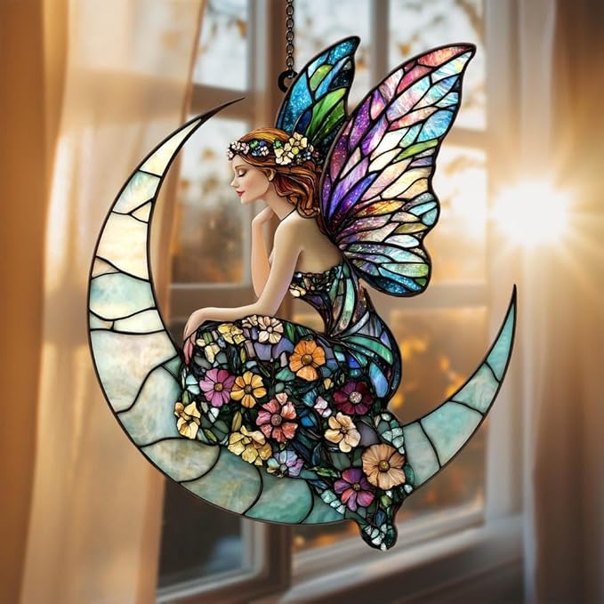 Fairy Christmas Ornament Mythical Creatures Suncatcher Window Hanging Acrylic Stained Glass Effect Art Garden Decor Unique Whimsical Celestial Gift for Mom Thanksgiving