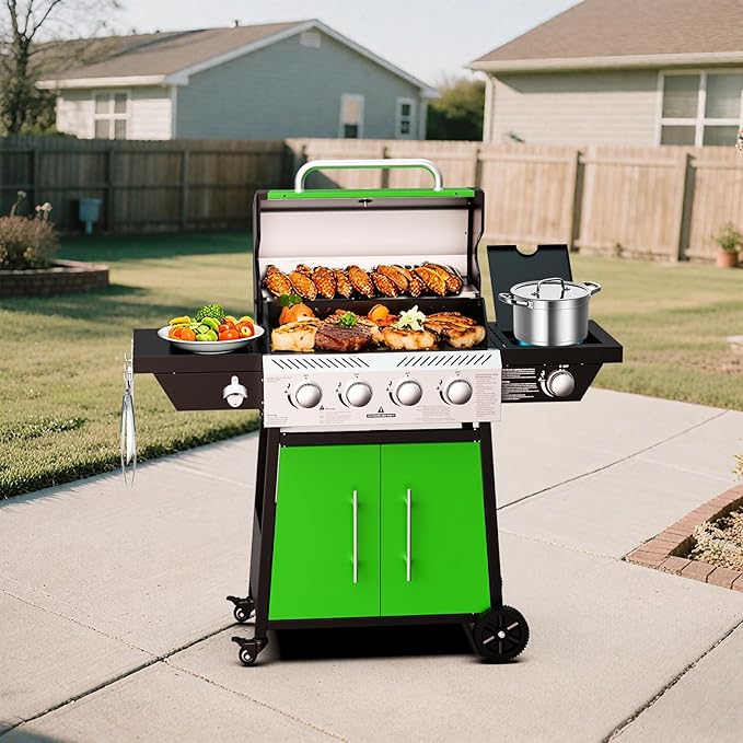 4-Burner Propane Gas BBQ Grill with Side Burner, Stainless Steel Grates, 50,000 BTU Barbeque Gas Grill for Outdoor Cooking Kitchen and Patio Backyard, with Wheels and Storage, Green