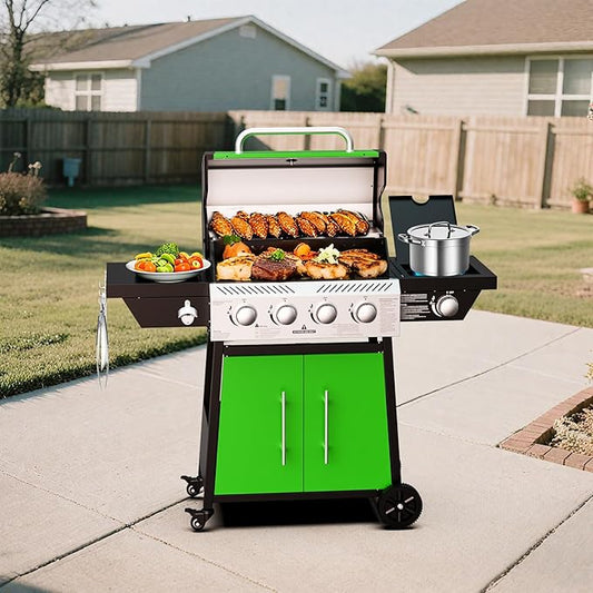 4-Burner Propane Gas BBQ Grill with Side Burner, Stainless Steel Grates, 50,000 BTU Barbeque Gas Grill for Outdoor Cooking Kitchen and Patio Backyard, with Wheels and Storage, Green