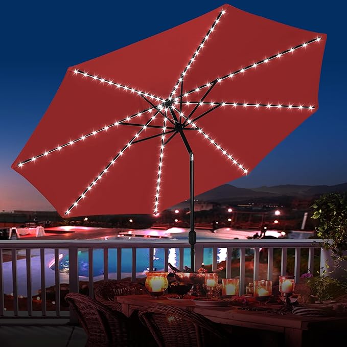 Sundale Outdoor Olefin 5-Year-Non-Fading Solar 104 LED 11FT Solar Patio Umbrella with Sand Bag Base, Outdoor Umbrella with Tilt and Crank, Red