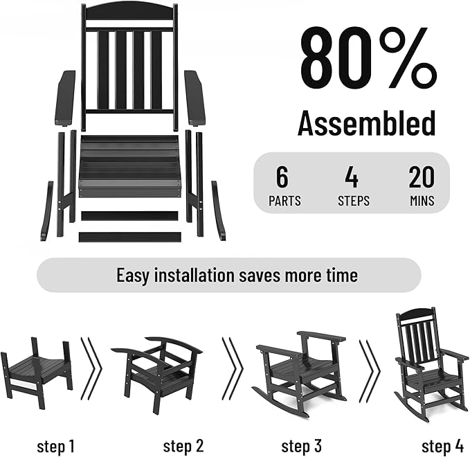 Outdoor Rocking Chairs Set of 6, Oversized High Back Patio Rocking Chairs, All Weather Porch Rocking Chairs for Outside. Black