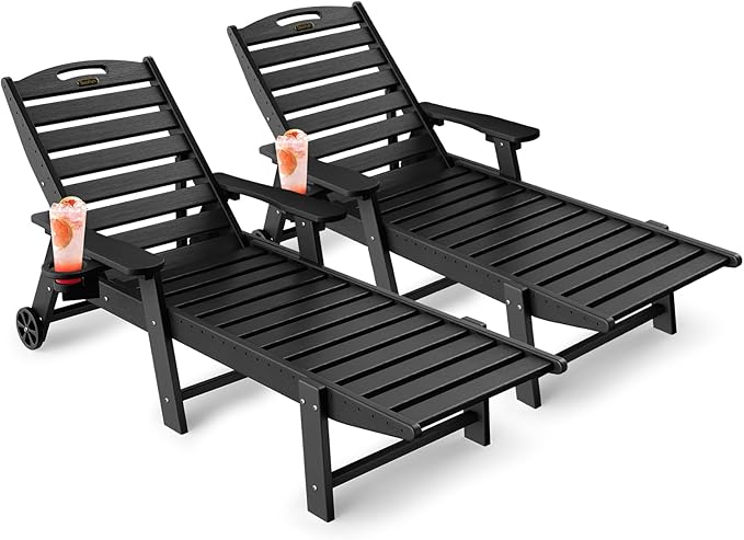Modern Oversized HDPE Chaise Lounge Chair Outdoor Set of 2, Black with 6-Position Adjustable Backrest, Wheels, Cup Holder for Pool, Patio, Beach, Sunbathing