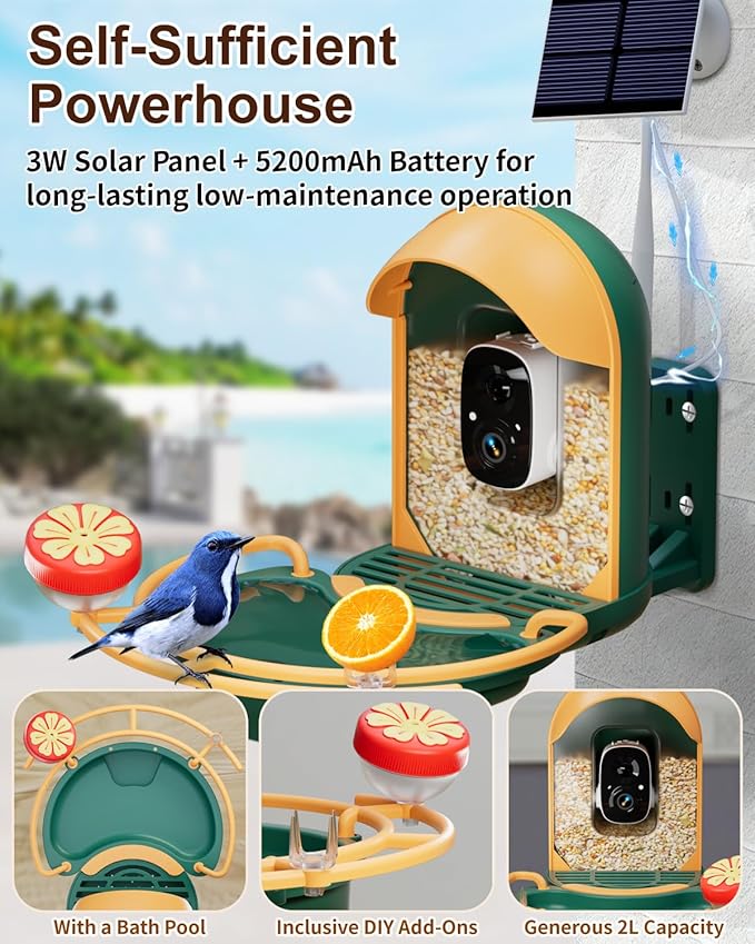 Bird Feeder with Camera, Smart Birdfeeder with Cam Solar Powered, 2K HD Video, AI Identification, Instant Arrival Alerts, IP66 Bird Bath & Feeder,Gift for BirdLover (with BirdBath, Dark Green)