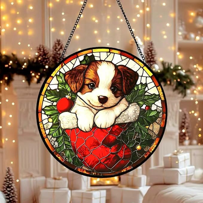 Stained Glass Window Hanging - A Dog in Christmas Stockings Suncatcher fof Garden Home Decor for Women Mon Grandma Friends