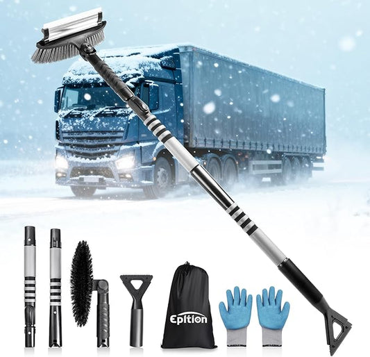 72" Extendable Long Snow Brush with Ice Scraper for Car Truck SUV Van - Soft Squeegee with 270° Pivoting Brush Head for Windshield Window - Snow Scraper & Antifreeze Gloves for Car Winter Accessories