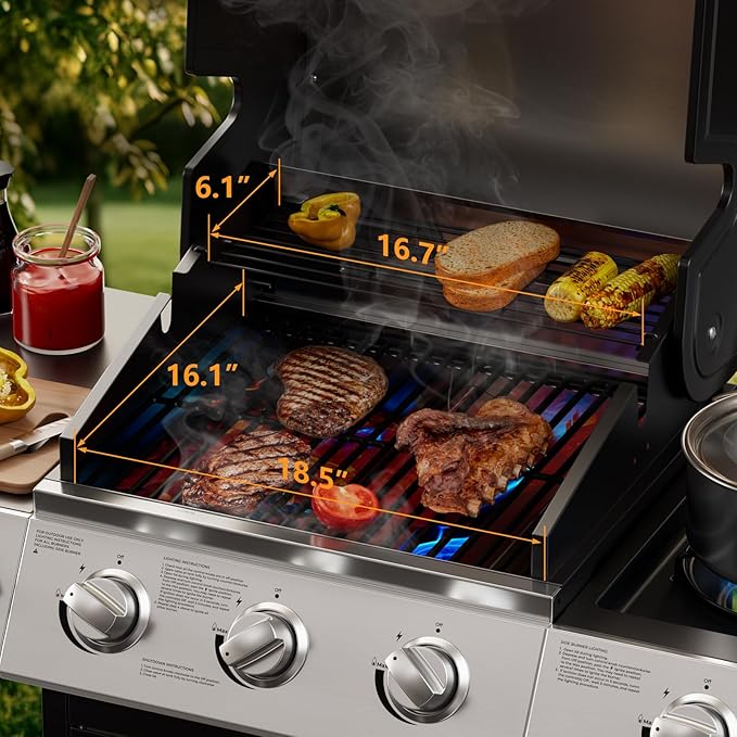 3 Burner Gas Grill with Side Burner,Stainless Steel Propane Grill Outdoor BBQ Grill with Oil Tray and Built-in Thermometer for Outdoor Barbecue, Camping, Patio, Backyard, 39,000 BTU